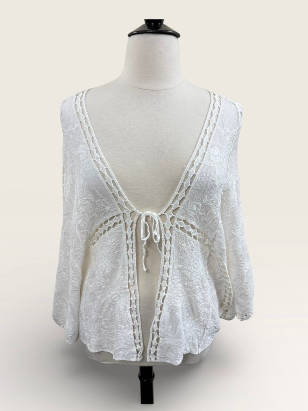 Indigo Thread Co. Cream Boho Tie Front Kimono or Coverup, One Size